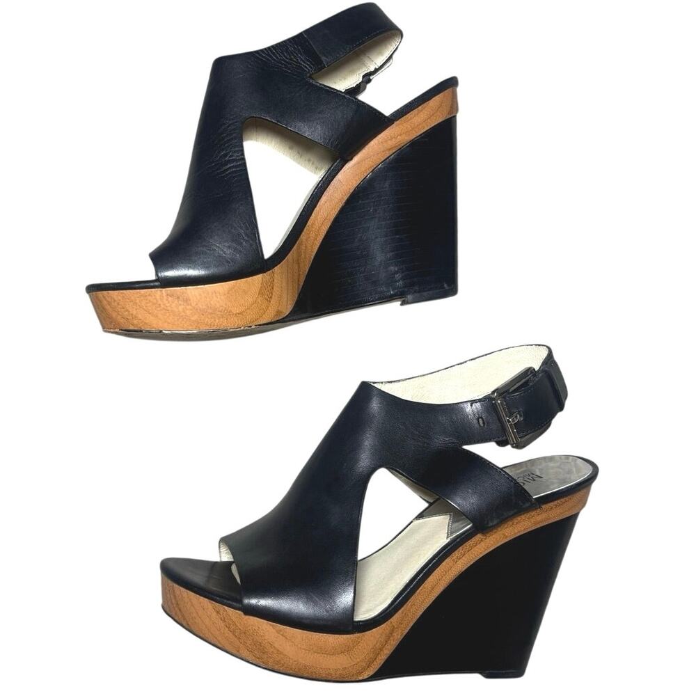 Michael Kors Josephine Black Leather Platform Wedge Sandals Wood Size 8.5